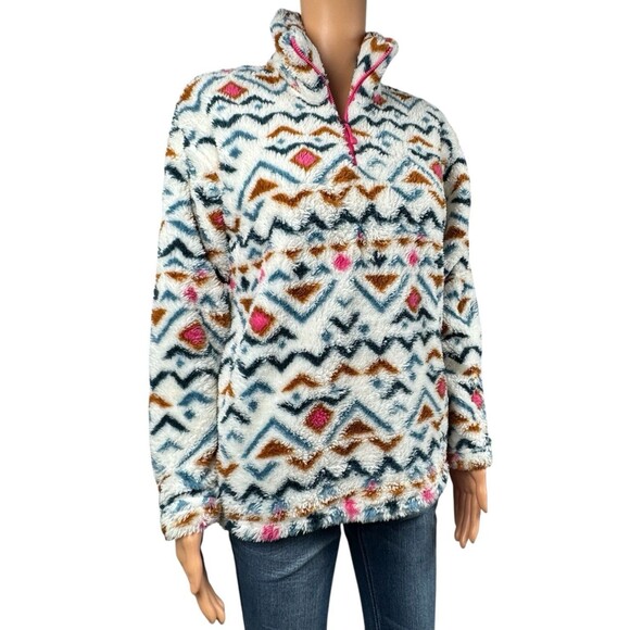 Eddie Bauer Womens Size Small Plush 1/4 Zip Jacket Fuzzy Fleece Vanilla Aztec - Picture 1 of 8